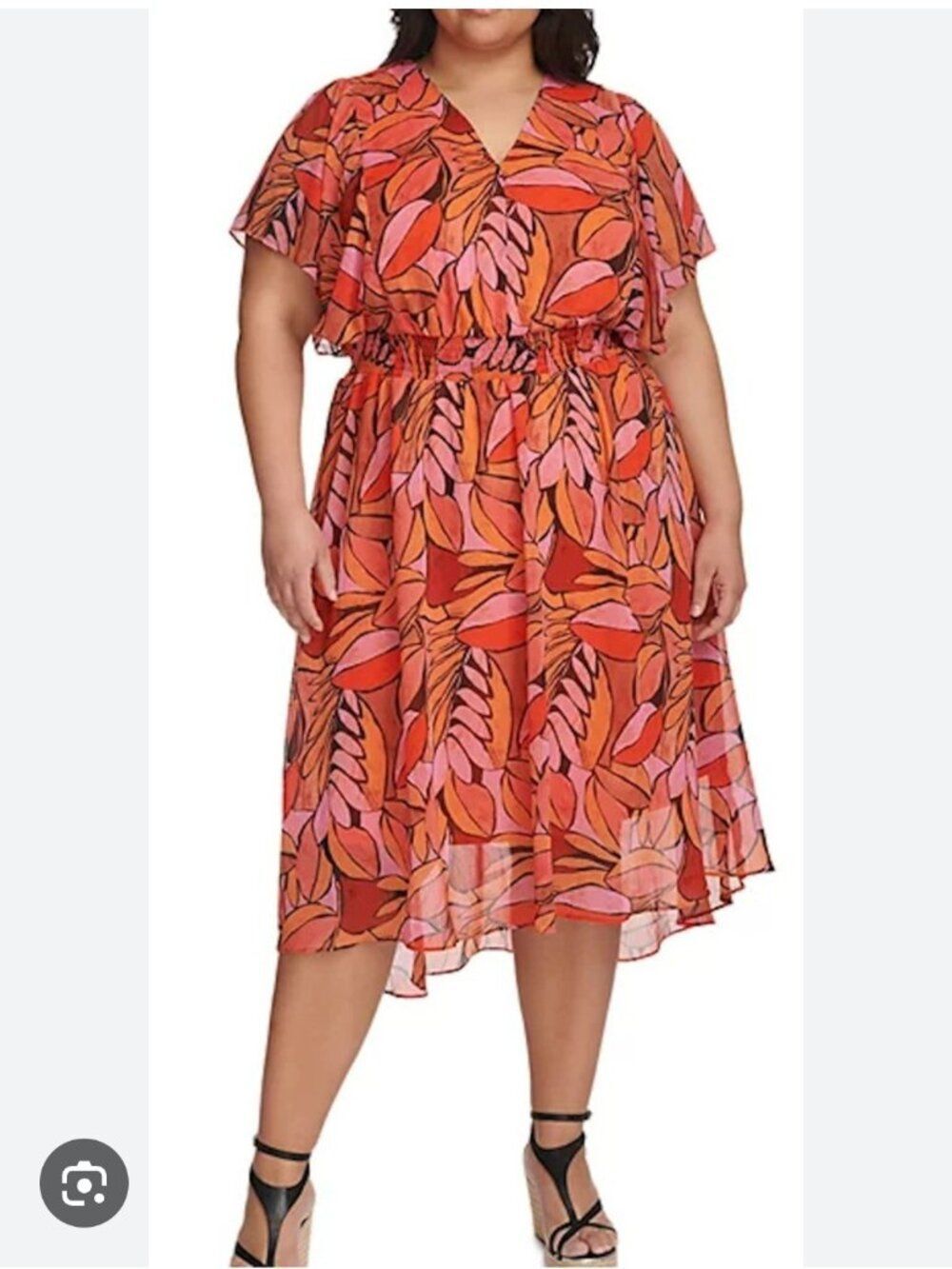 DKNY Plus Size 22W Printed Smocked Fit Flare Dress Chiffon Midi Orange Pink Leaf